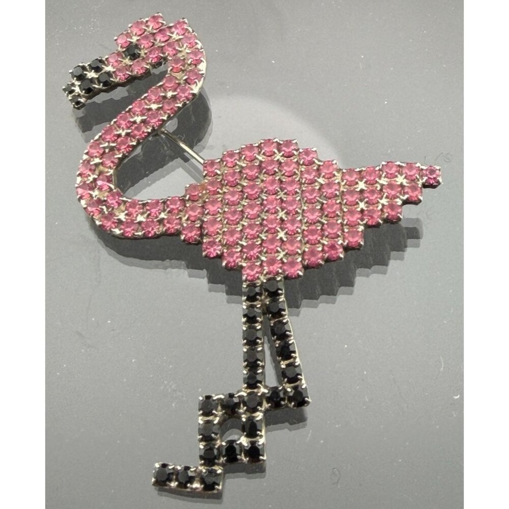 Vintage Brooch Flamingo Pink Rhinestones Bauer Signed Figural Bird 2 1/4"